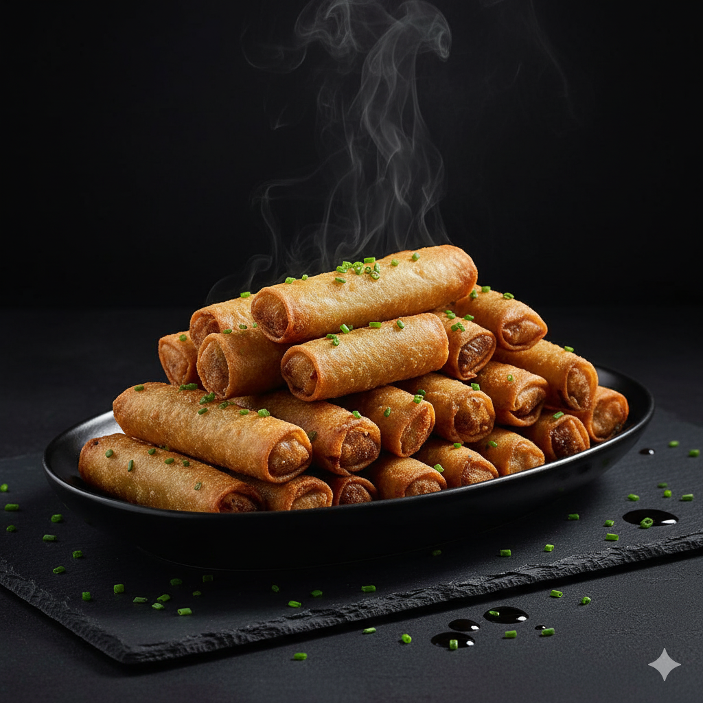 rollitos de primavera (lumpias) presentados en un plato o bandeja grande